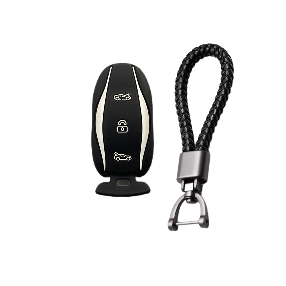 3-knoppen siliconen autosleutel beschermhoes beschermer rubberen huid houder sleutelhanger accessoires voor Tesla Model S P85D P70 afstandsbediening set: Rood