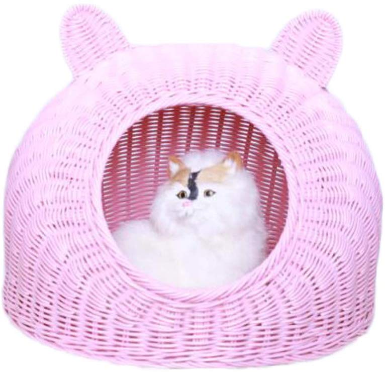 Rattan cat bed Pet Woven Cave Bed Woven Summer Breather Pet House Basket Bed for Cat/Kitten/Puppy/Dog: Pink / 42x32cm