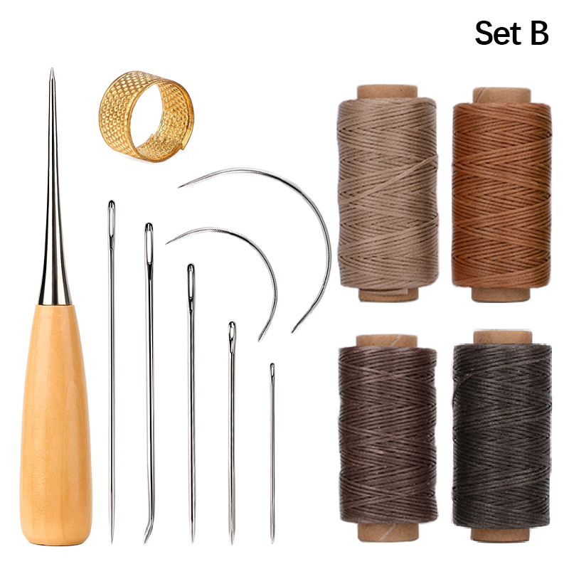 Leather Stitching Tools Kit with Hand Sewing Needles Awl Thimble Waxed Thread Set for DIY Leather Craft Shoemaker Repairs: light green