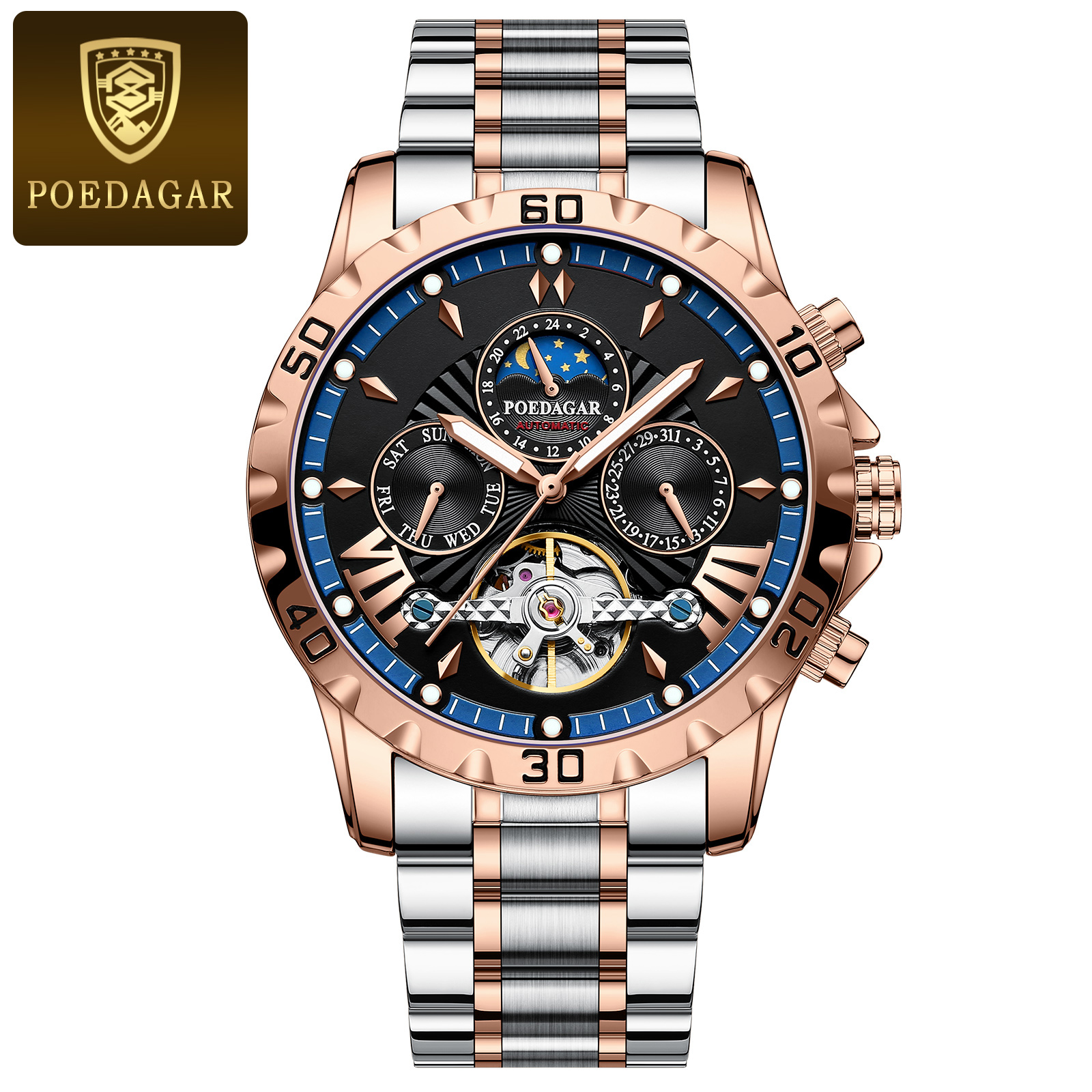 POEDAGAR-Montre de Luxe à Tourbillon Creux pour Homme, Accessoire Étanche, Mécanique et existent, en Acier Inoxydable, avec Date et Semaine: Rose