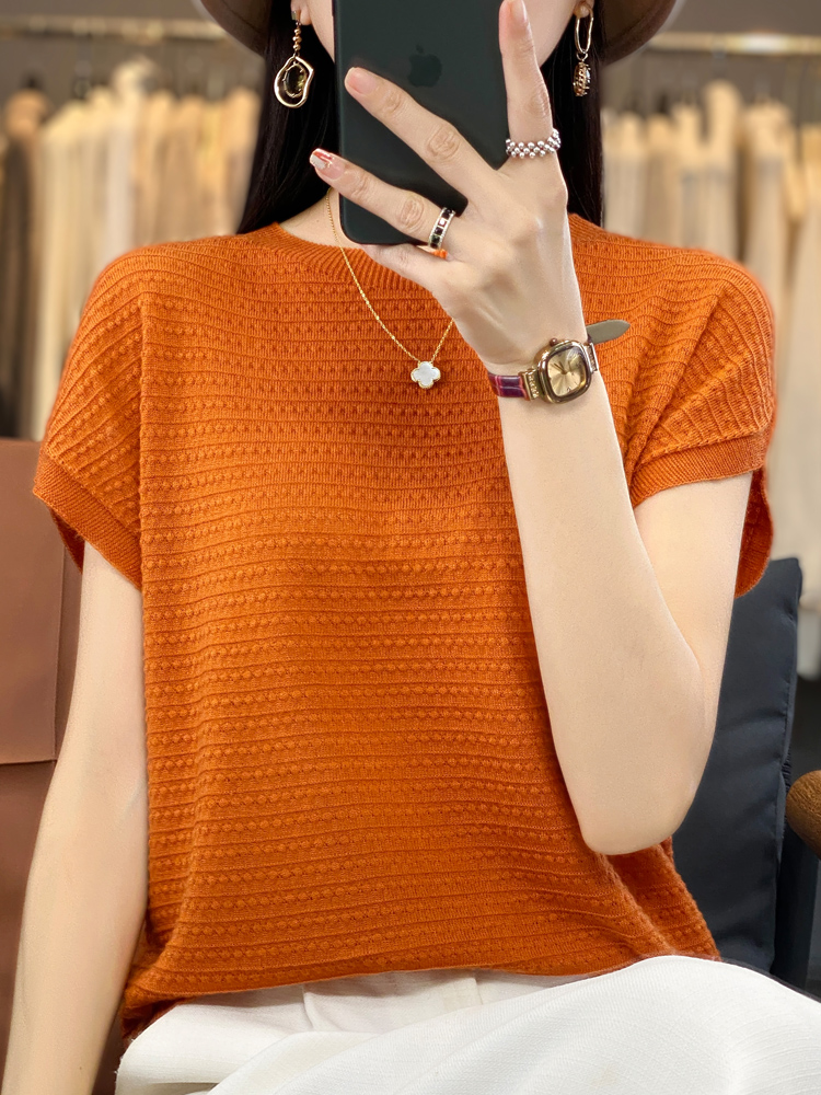Neue Wolle Lyocell Kurzarm T-shirts Pullover frauen Oansatz Batwing Hülse Pullover Weste Sommer Gestrickte Bodenbildung T-shirt: XXL / Gold