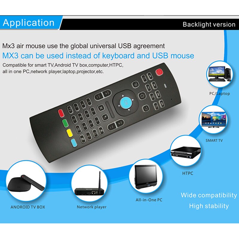MX3 2.4G Wireless Keyboard Backlight Air Mouse Remote Control for TV Box Computer Smart TV 3 Axir Gyroscope 3 Axir Accelerator