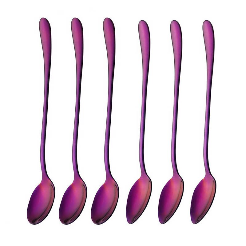 19.5cm Stainless Steel Round Head Spoon Rainbow Coffee Mixing Spoon Set Cold Drink Colorful Dessert Ice Spoon Flatware 6pcs/set: Purple