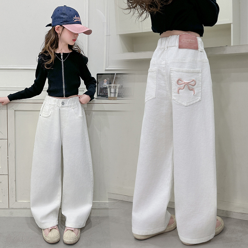 Pantalones vaqueros rectos blancos Vintage para niños con lazos para niñas, nuevos pantalones vaqueros holgados ajustados de primavera, pantalones vaqueros informales para niños y adolescentes: 6