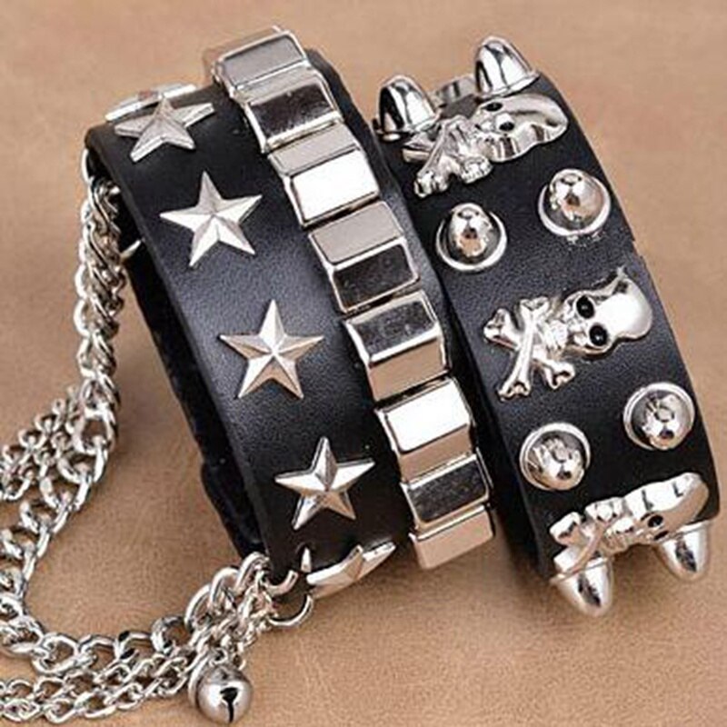 Multilayer Leather Skull Pentagram Armband Mannen Armband Met Ketting Mode Accessoires Accessoires Partij Sieraden