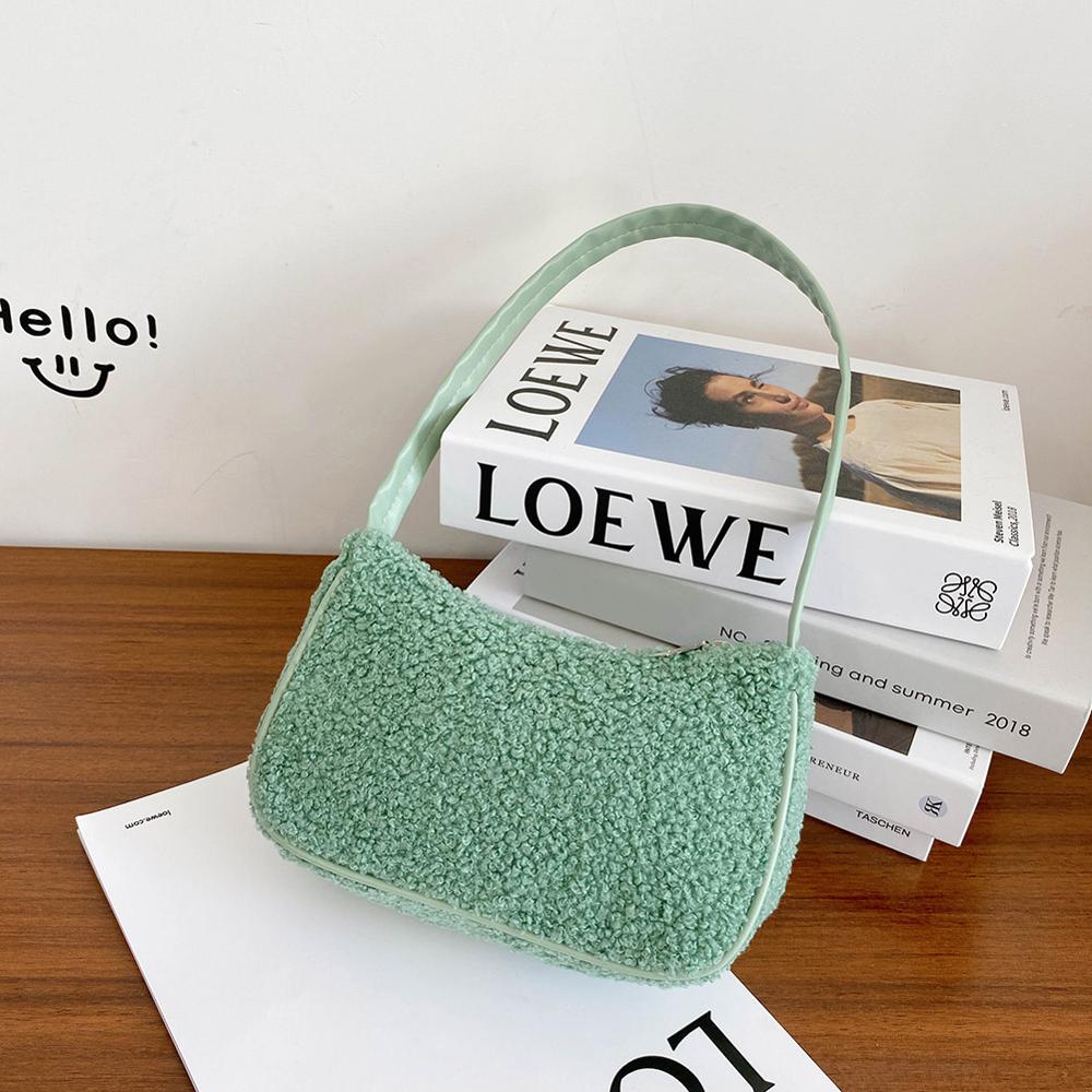 Autumn Winter Female Square Tote bag Woolen Women's Handbag Ladies Underarm Shoulder Bags: Green