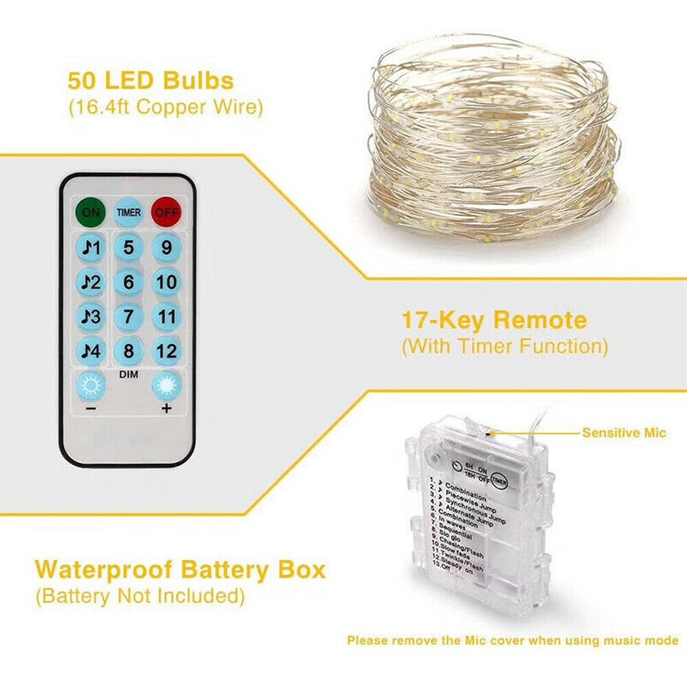 Sound Activated LED Music String Lights 5M 10M 12 Modes Waterproof Copper Wire Twinkle String Lights For Party Christmas Wedding