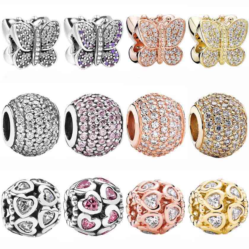 Sparkling Ball Butterfly Love Heart Bonds With Crystal Charm 925 Sterling Silver Beads Fit Bracelet Bangle DIY Jewelry