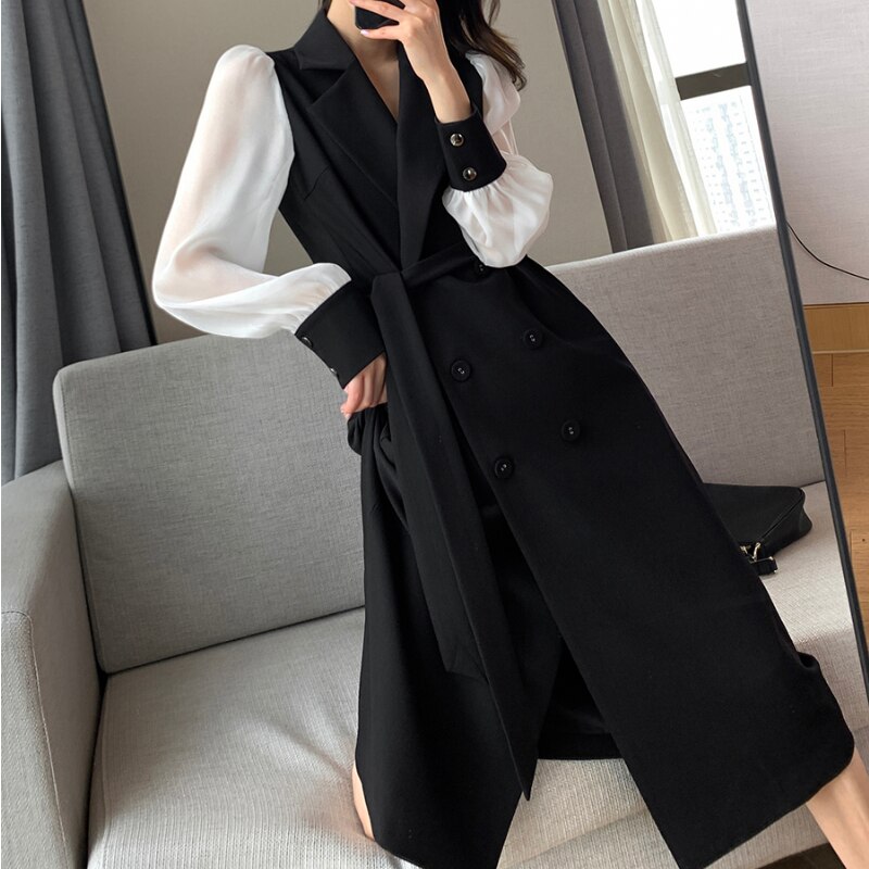 Vintage belte maxi kjoler for kvinner hakk lange ermer kontor dame blazer kjole høst vinter lang a-linje svart kjole