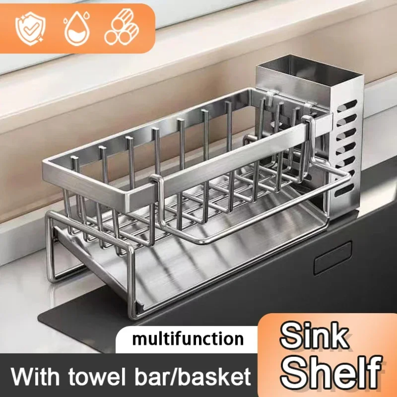 Estante de almacenamiento de Herramientas de limpieza de fregadero, escurridor multifuncional de cocina para esponja limpiadora, organizador, colgador de trapo