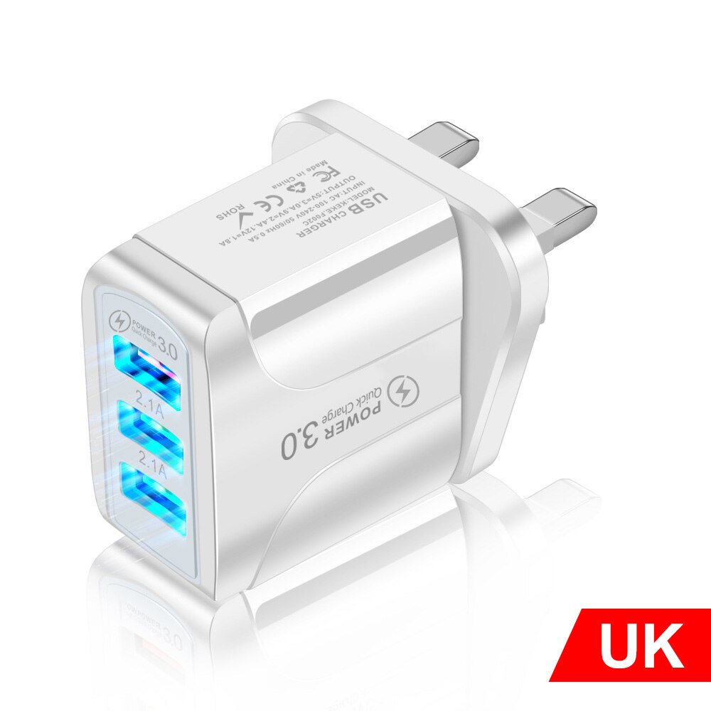 Quick Charge 3.0 Usb Lader Adapter Voor Iphone 11 Pro Max Xiaomi Eu Plug 3 Poorten Usb QC3.0 Snel Opladen mobiele Telefoon Oplader: White UK