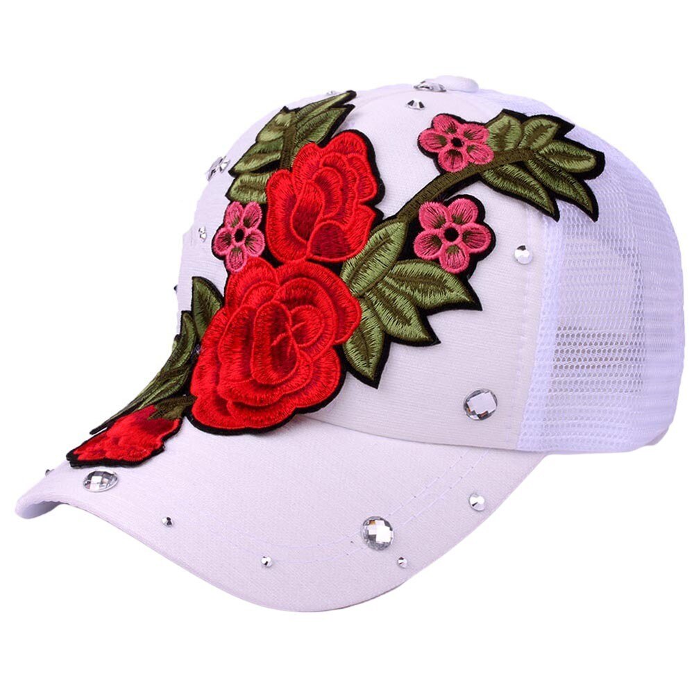 Gorras de béisbol vaqueras con diamantes de imitación y flor rosa para hombre y mujer, gorras para el sol para primavera y verano, gorras sólidas, gorro para papá sombrero, casquete # T1P