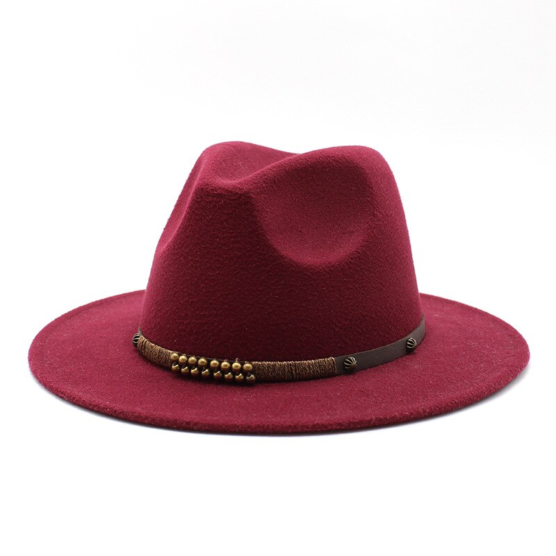 Women Men Wool Vintage Gangster Trilby Felt Fedora Hat Wide Brim Leopard Belt Gentleman Lady Winter Autumn Jazz Cap: wine red