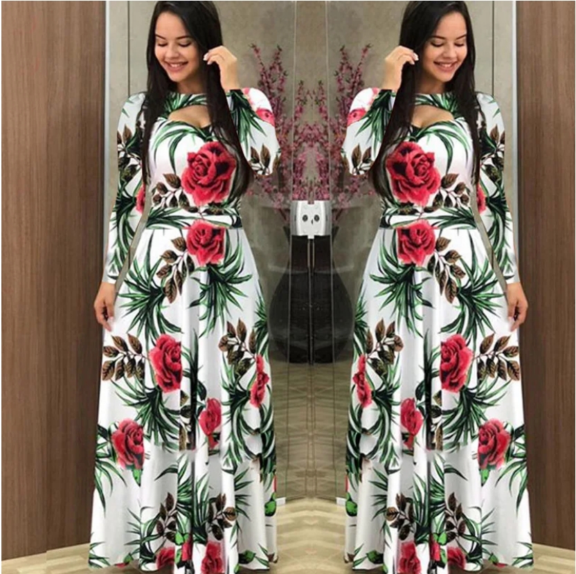 Kvinders efterårsprint langærmede slim fit vestido rund hals blomster hule maxikjoler roupas mujer 5xl
