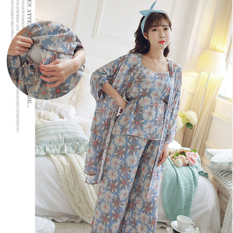 Gravid pyjamas 3 stk blomsterprint kåpe+Vest+bukser mamma pleie nattøy amming pyjamas graviditet hjemme nattøy