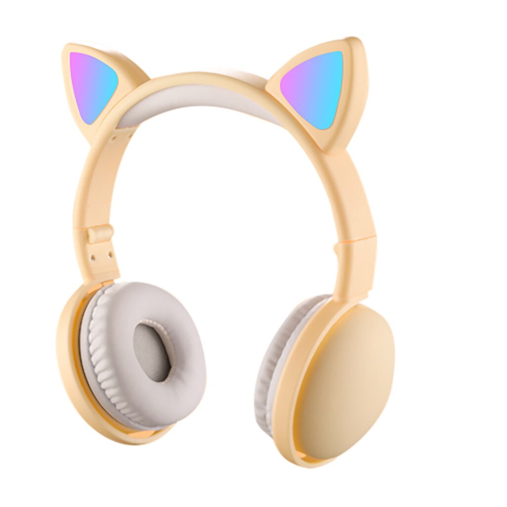LED Cat Ear Noise Cancelling Headphones Bluetooth 5.0 LED Light Foldable Adjustable Headset 3.5mm Plug With Mic: Yellow 