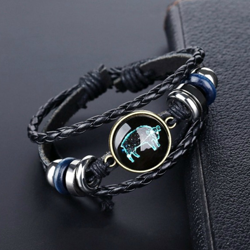 12 Constellation Bracelet Luminous Leather Bracelets Charms Zodiac Sign Bracelets Leo Virgo Libra Gemini for Man Woman Jewelry