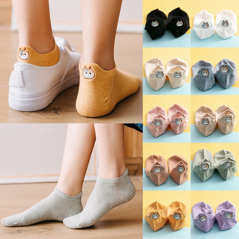 Chaussettes kawaii pour femmes, joyeuses chevilles, chaussettes amusantes pour femmes, dessin animé, broderie chat, chaussettes courtes harajuku, chaussettes à la cheville