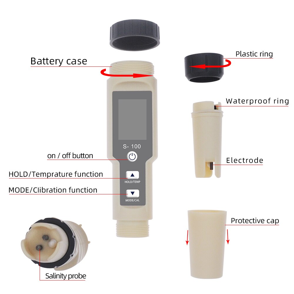 S-100 Salt Meter Salinity Tester 3 in 1 TEMP SAL TDS Meters Waterproof Salinometer Salty Gauge Water Measure Tool 40%