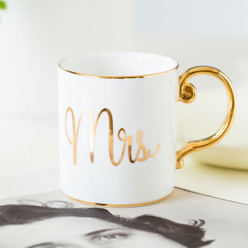 Tasse à café en porcelaine de 350ml, en céramique, couleurs grises, roses, Mr et Mrs, motif blanc, poignée dorée, tasses à thé et lait,
