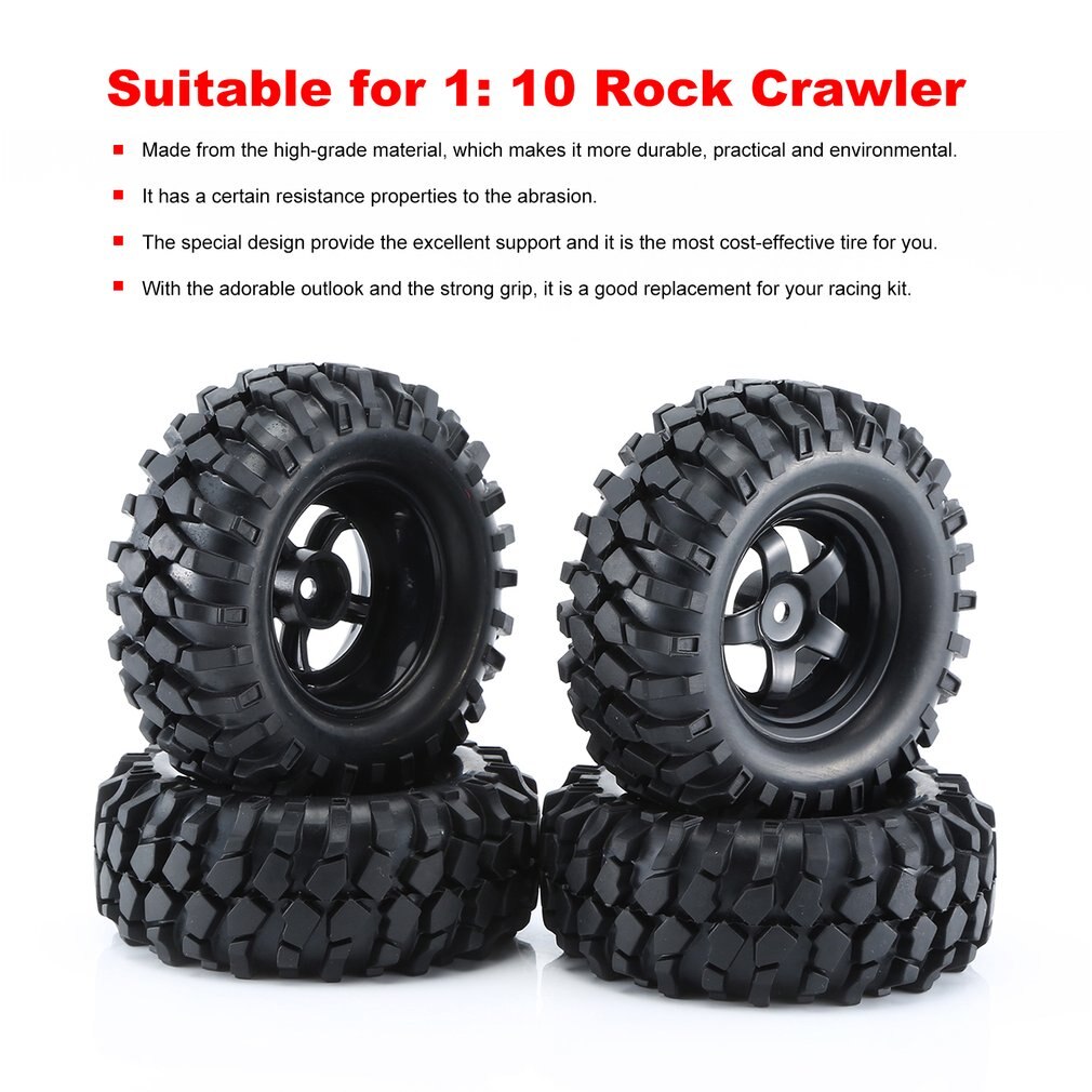 4Pcs 1:10 RC Car Rubber Tires & Wheel Rims for Off Road RC Crawler Buggy Abrasion Resistance Replacement Model Accessory