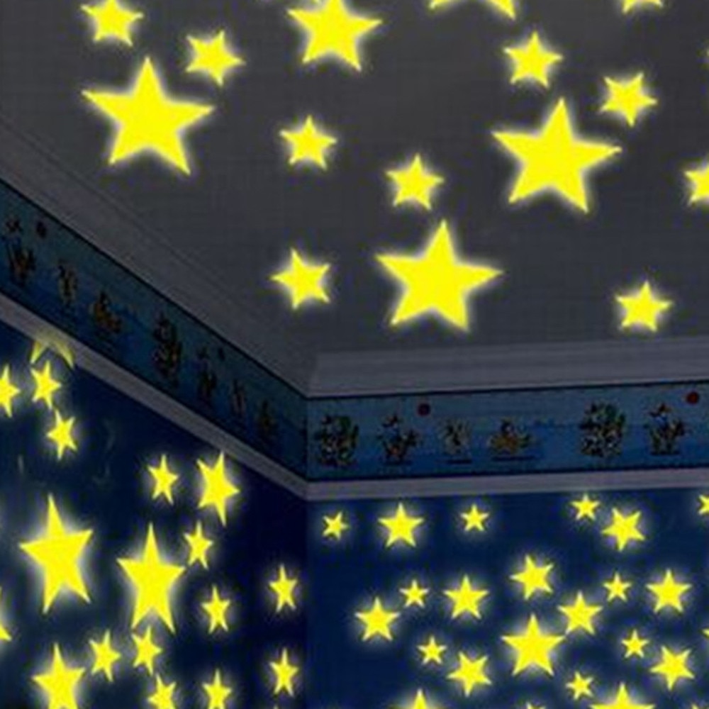 100Pc Kids Slaapkamer Fluorescent Glow In The Dark Sterren Muurstickers Cartoon Romantische Geel Lichtgevende Sterren Stickers