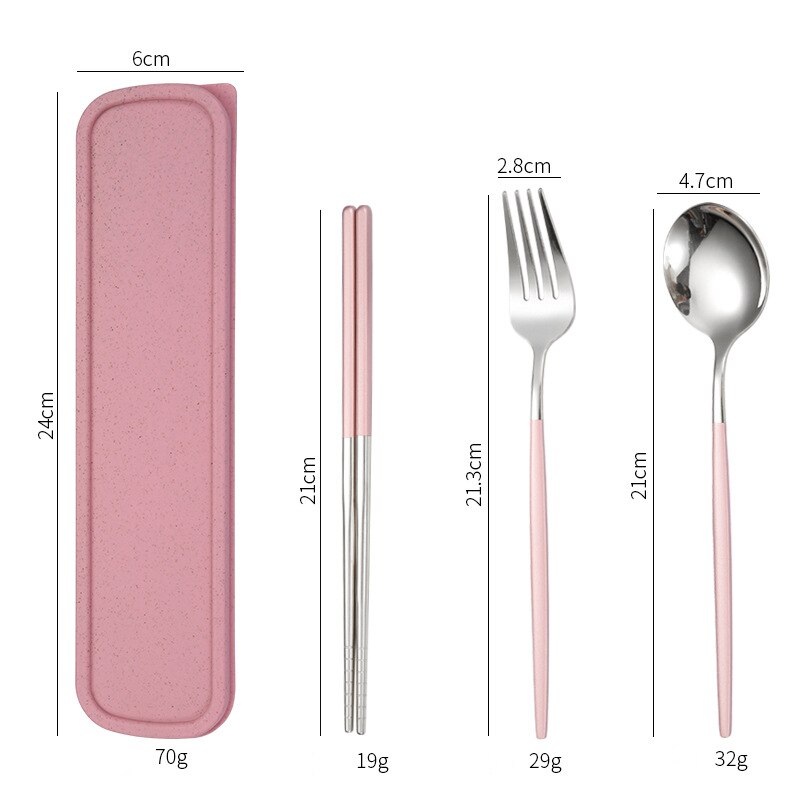 Stainless Steel Dinner Tableware Set Cutlery Knife Fork Spoon Dinnerware Set With Box Tools Travel Tableware Set: 3Pcs Pink Sliver