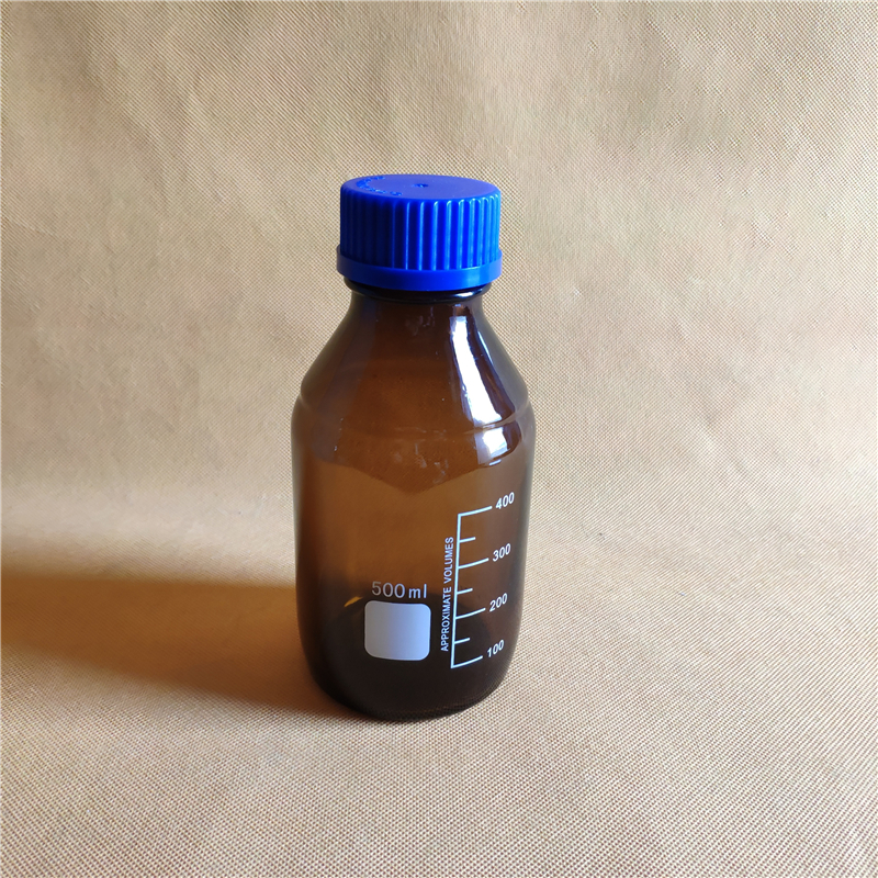 500ML Reagent Bottle,Amber Soda Glass,graduated storage bottles with GL45 blue screwcap,amber glass bottle