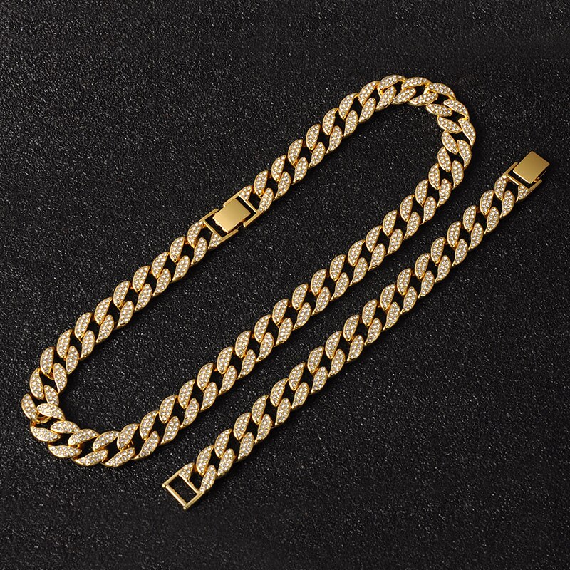 Hip Hop Miami Curb Cuban Chain Necklace 15MM Gold Iced Out Chains Paved Rhinestones CZ Bling Rapper Necklaces Men Jewelry