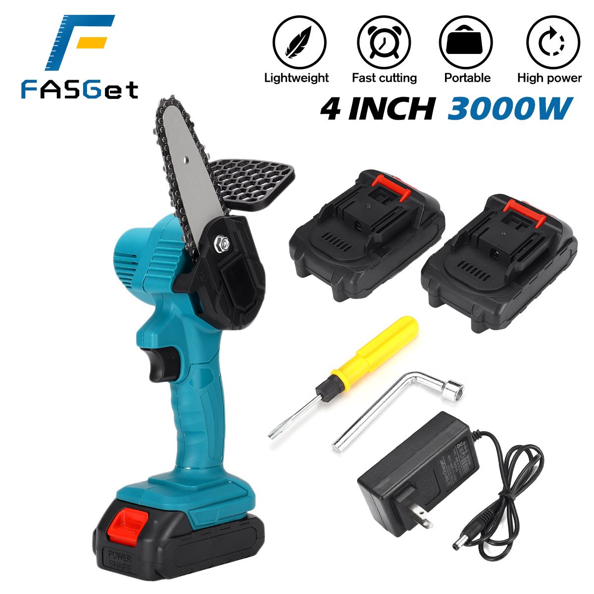 3000W 88VF 4 Inch Mini Electric Saw Chainsaw Garden Tree Logging Saw Woodworking Tools Wood Cutters with 2 Batteries