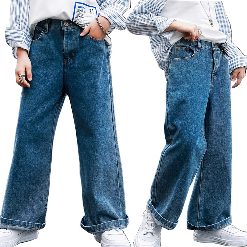 Pantalones vaqueros jóvenes para niñas, pantalones gruesos holgados de pierna ancha para niños, ropa vaquera azul, 8, 10 Y 12 años, Otoño e Invierno