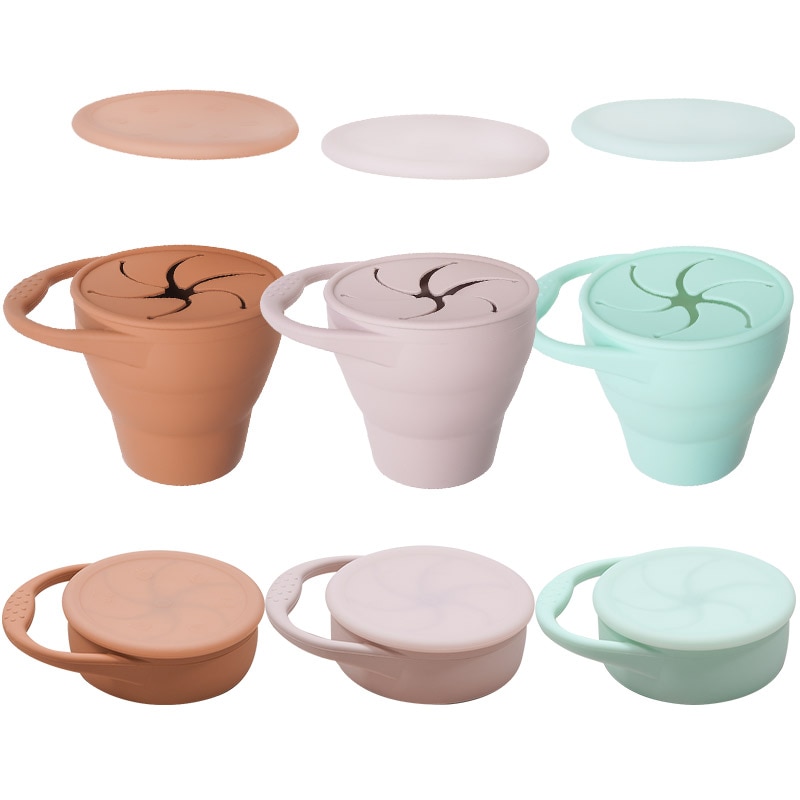 Taza de aperitivos para bebés, caja de almacenamiento de alimentos portátil para niños pequeños, contenedor de aperitivos de silicona sin BPA con tapa, colores sólidos