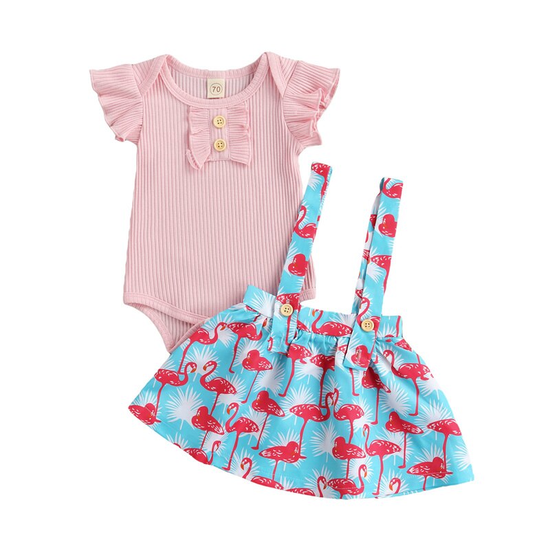 Mooie 2 Stuks Peuter Meisjes Zomer Outfits, effen Kleur Ruche Korte Mouwen Romper + Flamingo Print Bretels Jurk 0-24 Maanden: Roze / 24M