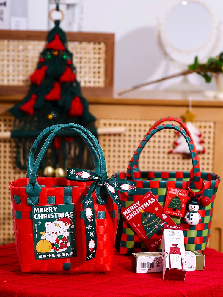 Frohe Weihnachten Süßigkeiten Aufbewahrungskorb Handtasche Rattan Korb Reise Picknick Strand Einkaufstasche Rattan Obstkorb