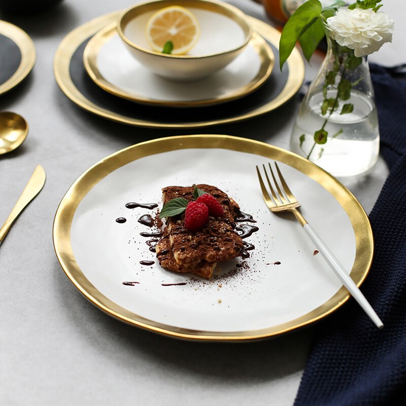 Assiettes à dîner en porcelaine mate à incrustation d'or, assiettes rondes de luxe pour mariage, fête décorative pour la maison, service de vaisselle
