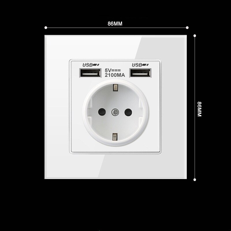 86 * 86mm 250V 16A European German standard socket plug white PC / toughened glass panel power wall socket with USB ports