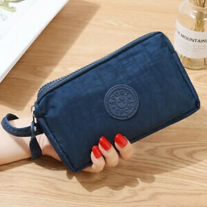 Womens Solid 3 Layer Canvas Telefoon Tas Korte Portemonnee Drie-Layer Rits Coin Card Key Purse: Blauw