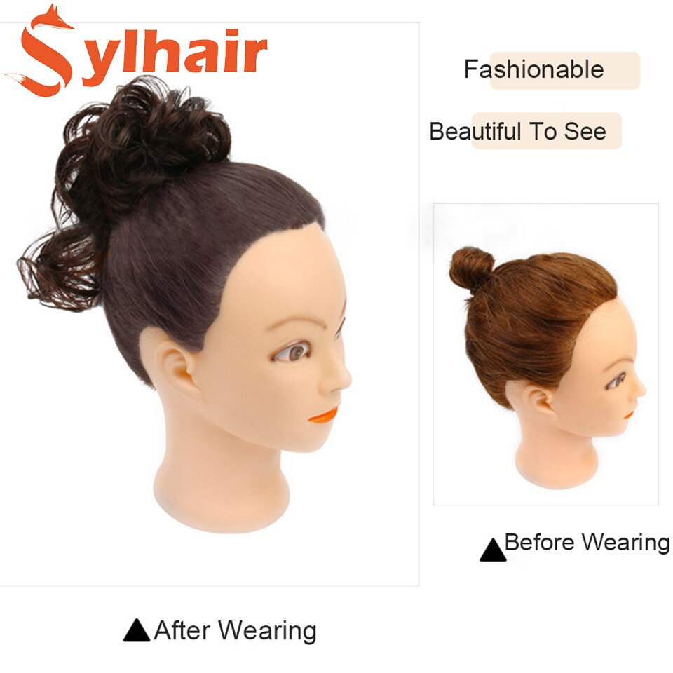Sylhai-moño de pelo rizado sintético para mujer, moño marrón desordenado con cuerda elástica para el cabello, banda de goma, extensiones de cabello