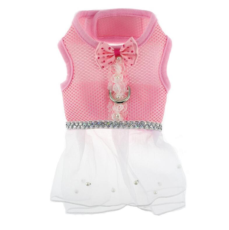 Conjunto de arnés y correa de malla para perro, en 5 colores, con pajarita, para perros pequeños y gatos, collar de arnés, falda de tutú de encaje para mascotas, chaleco, arnés, ropa, suministros: Rosa / Yo