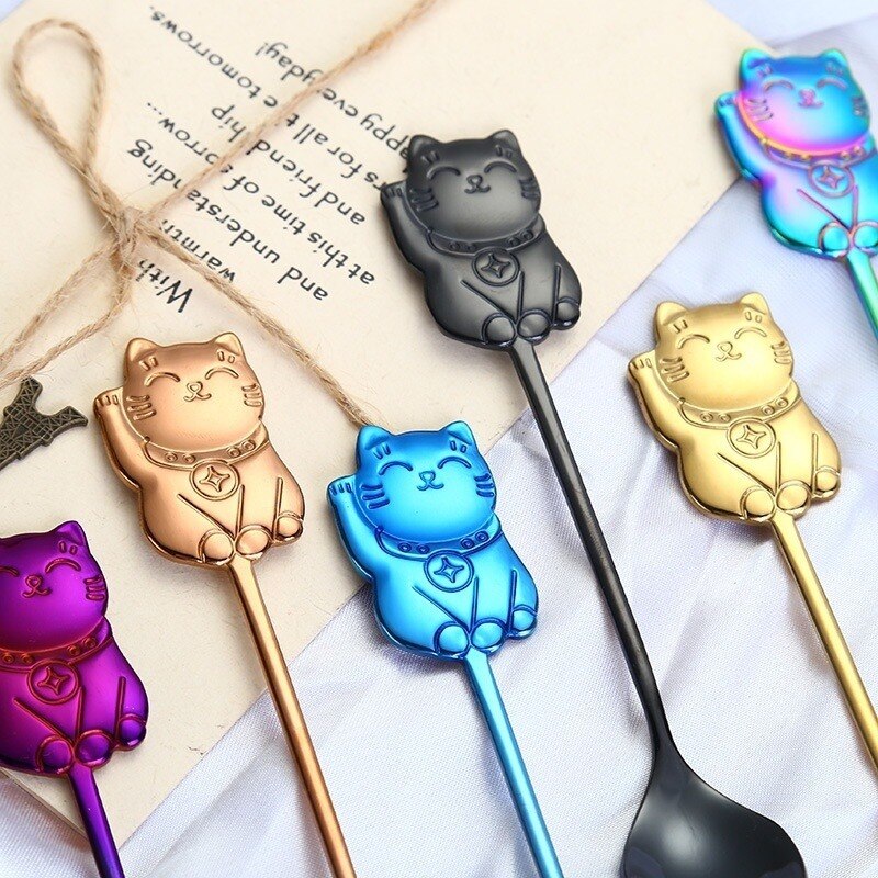 304 Stainless Steel Cartoon Lucky Cat Spoon Coffee Stirring Spoon Ice Cream Ice Cream Dessert Spoon