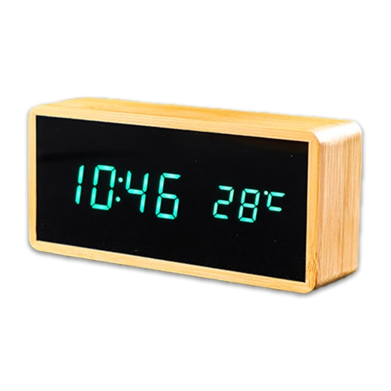Electronic Digital Temperature Time Dual Display Desktop Alarm Clock LED Wooden