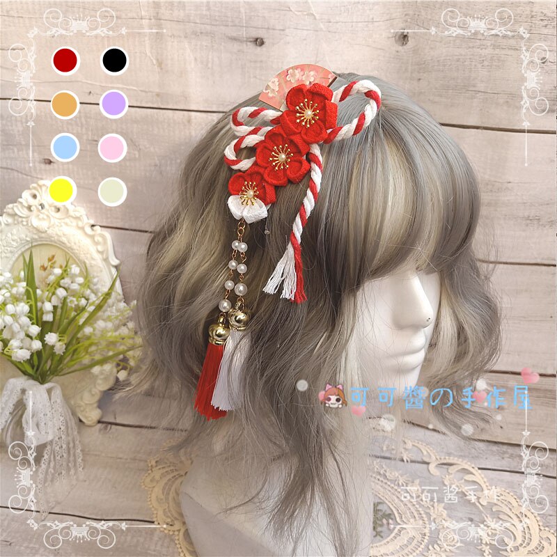Pasadores Harajuku de estilo japonés para niña, Kimono, abanico de flor de cerezo, accesorios para el cabello, horquillas con Clip LATERAL con borlas suaves de Lolita