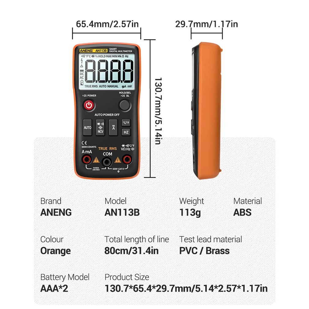 AN113B 6000 Count Multimeter Tester Fully Intelligent Automatic Range Digital Multimeter Transistor Voltmeter: Orange