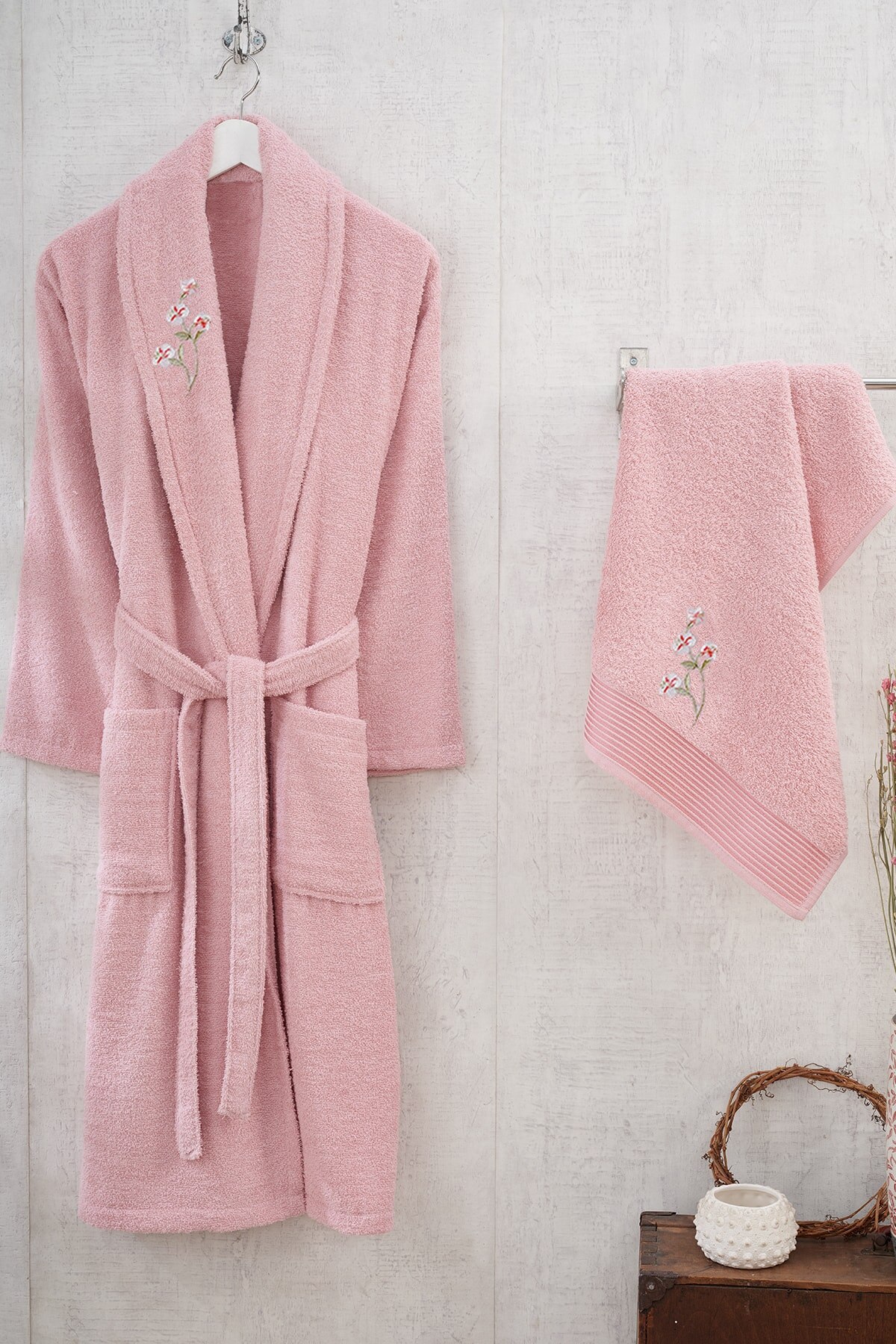 100% Katoen Badjas En Handdoek Set Lange Dikke Badstof Voor Vrouw Bad Zachte Ontspannen Dressing Gown Bruidsmeisje Gewaden Absorberende S/M Waffl: Dried Rose