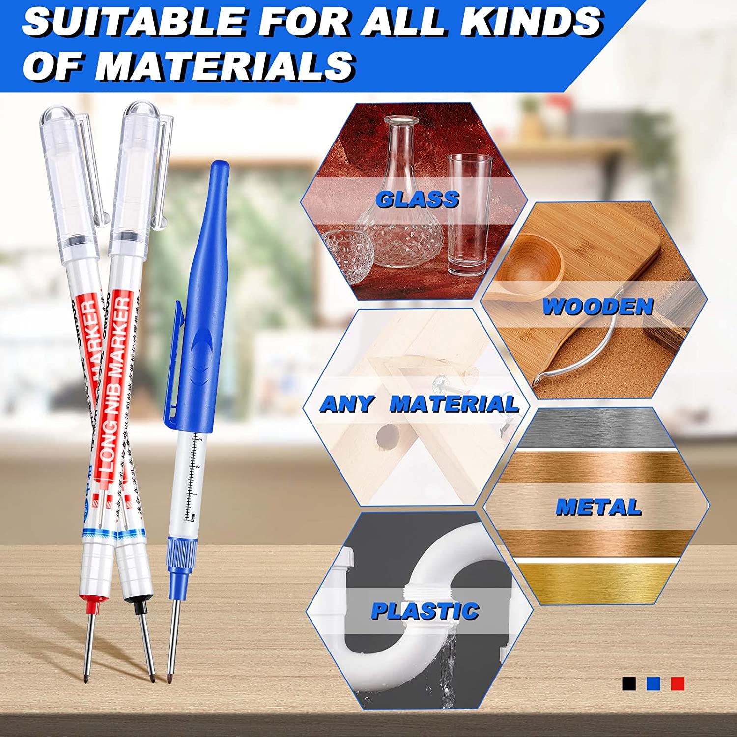 6 pcs Deep Hole Marker Pens Deep Drill Hole Long Nib Marker Pens Carpenter Pen for Bathroom Woodworking, Red Black Blue