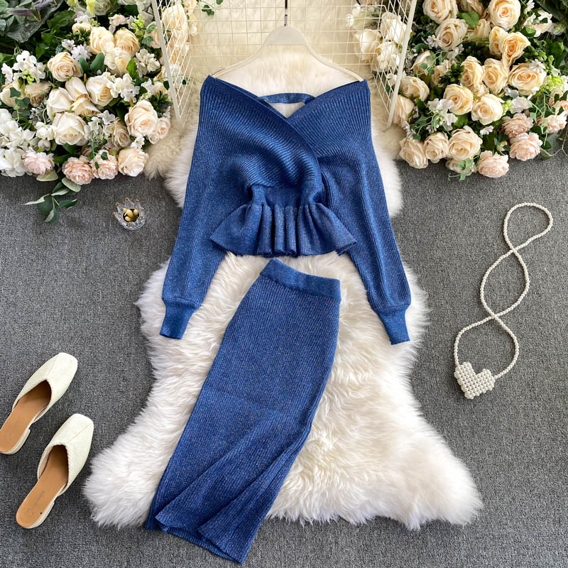 SINGRAIN Autumn Women Shiny Knitting Skirts Sets Lurex Ruffles Long Sleeves Wool Warm Sweater knitted Two Pieces Set Women: blue