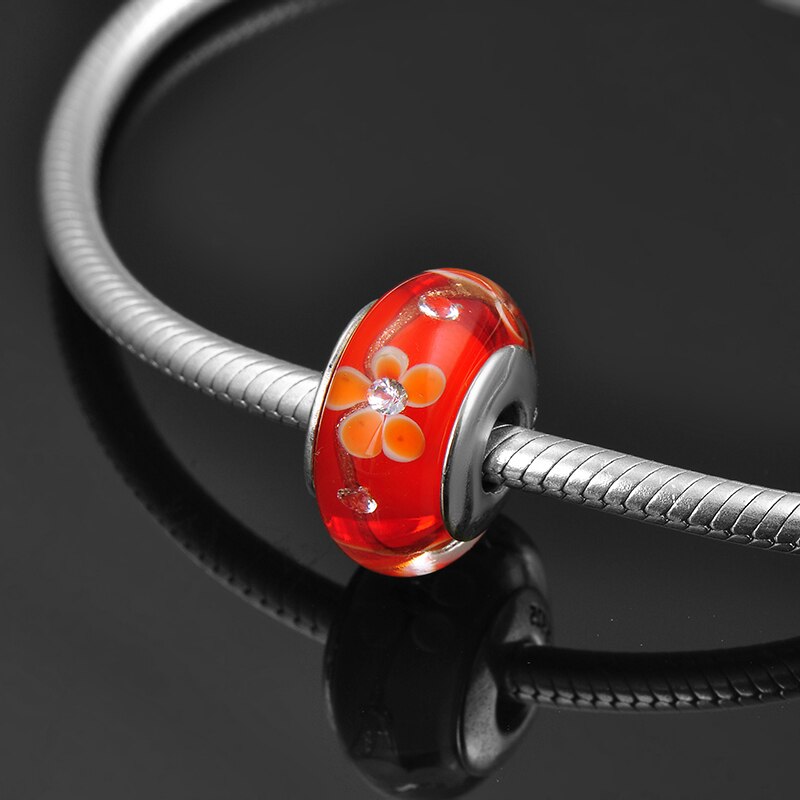 Gouden Drijfzand Lint Bloem Clear Red 925 Sterling Zilver Murano Glazen Kralen Fit Originele Vrouwen Charms Armband Sieraden Diy