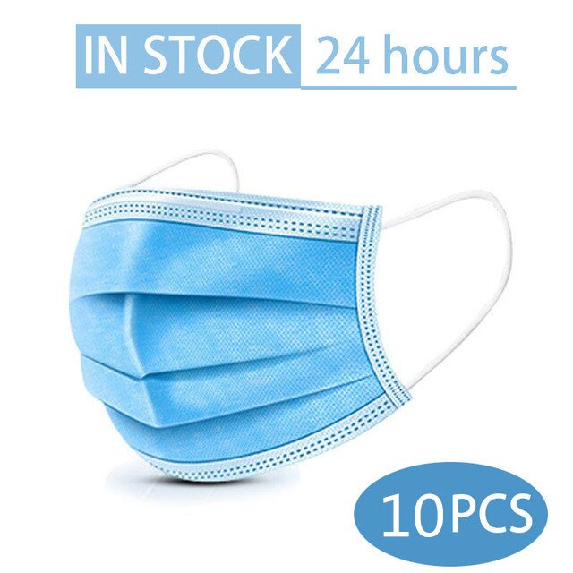 10/50 stk. maske engangs ansigtsmaske sort nonwoven 3 lag filter anti-støv åndbar beskyttende voksenmaske mundmasker på lager: Blå -10