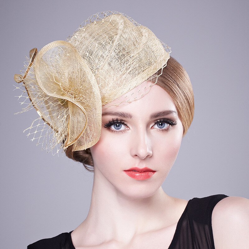 Champagne Gold Big Flower Fascinator Hats Ladies Women Wedding Evening Party Net Caps: Default Title