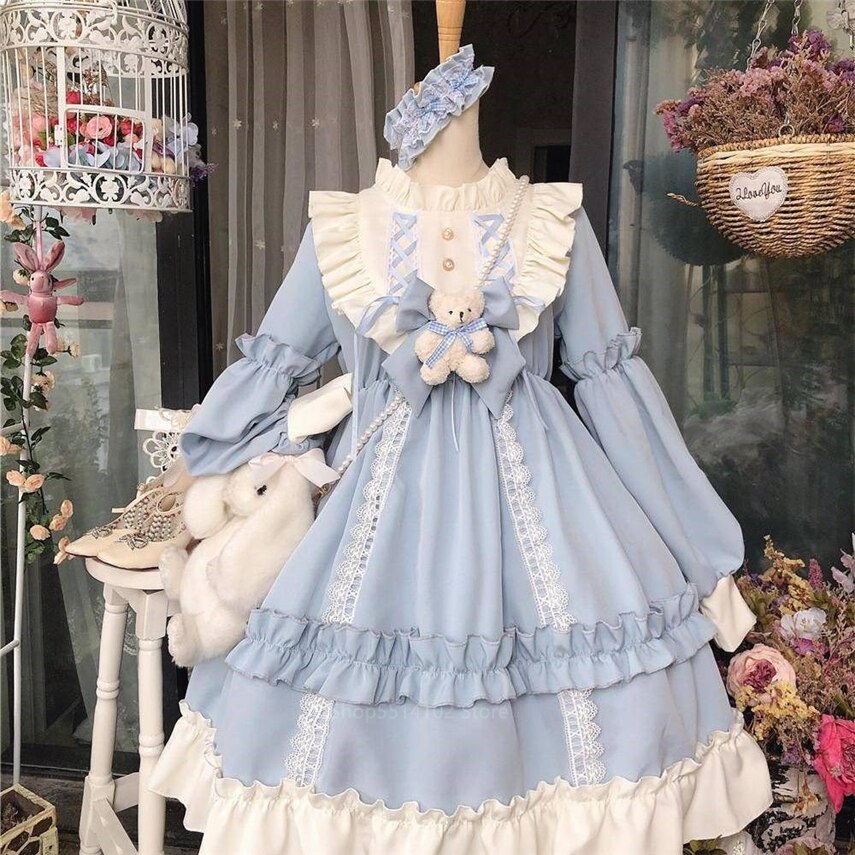 Sukienka Lolita dla kobiet Kawaii dla dziewcząt pałac Bow-knot Stiching styl japoński Vestidos szlachetny słodki Gothic szata na imprezę renesansowy
